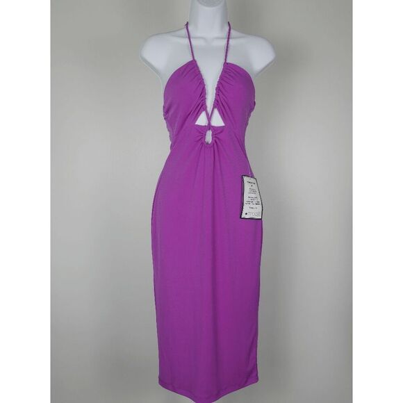 B DARLIN Purple Halter Cutout Bodycon Midi Dress Size XL (15/16) - Picture 2 of 6